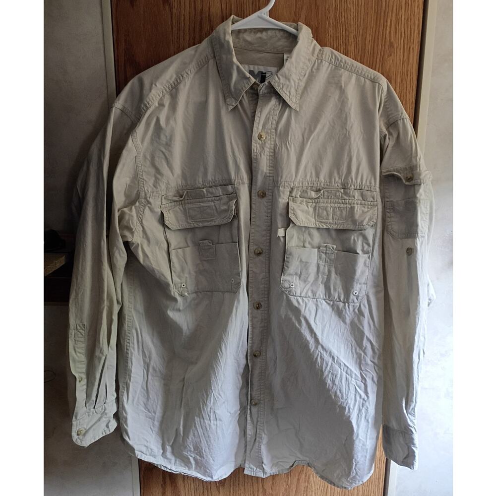 MI Performance Khaki Fishing Utility Shirt M Cargo Pockets Roll Tab Cotton